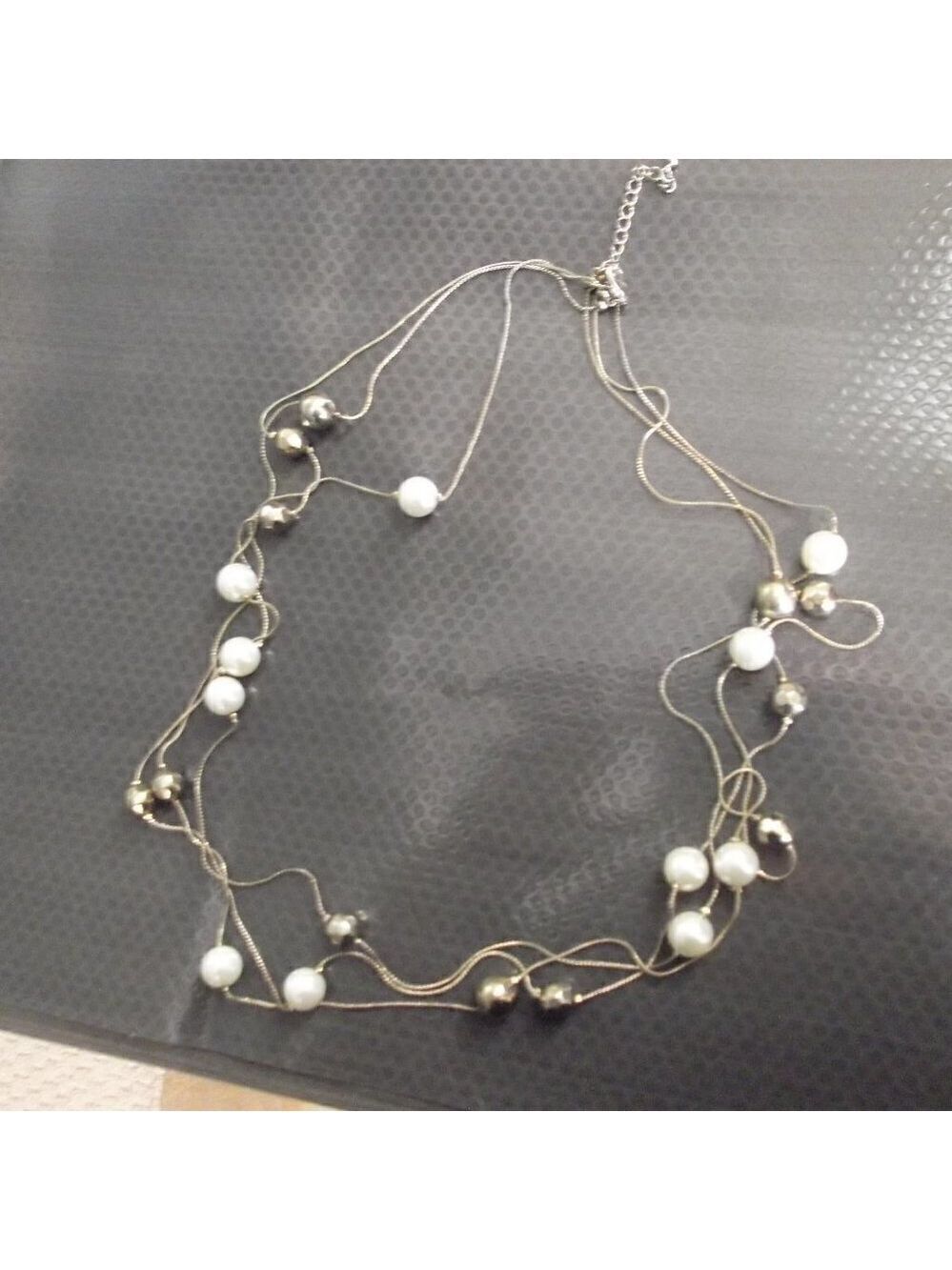 Gold Bead Three Strand Necklace Faux Pearl